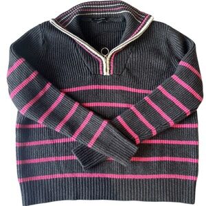 Calligraphie Ribbed Half Zip Sweater Pink Stripe Gray Pullover Cozy Sz M